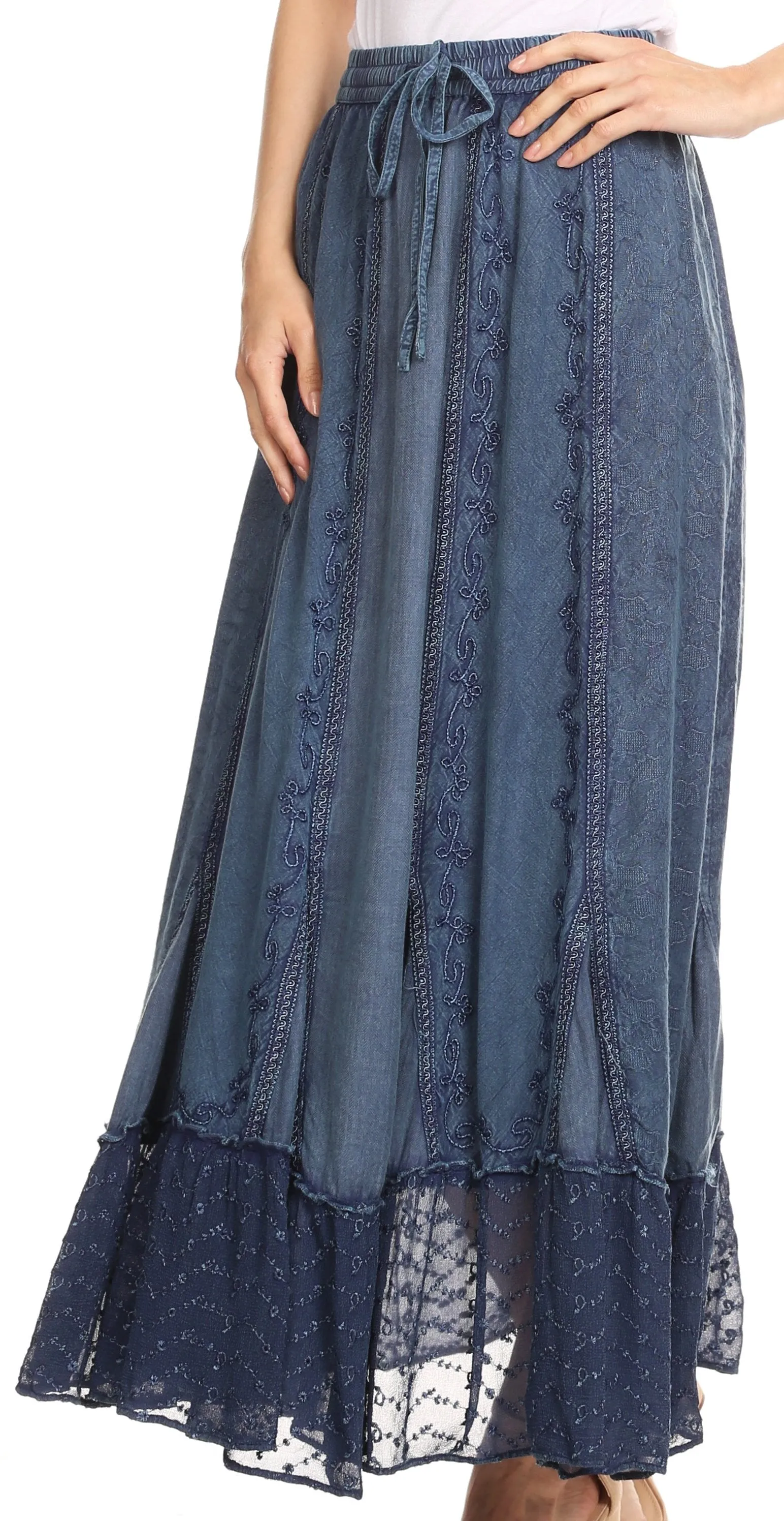 Sakkas Monica Womens Gypsy Bohemian Long Maxi Skirt with Elastic Waist and Lace