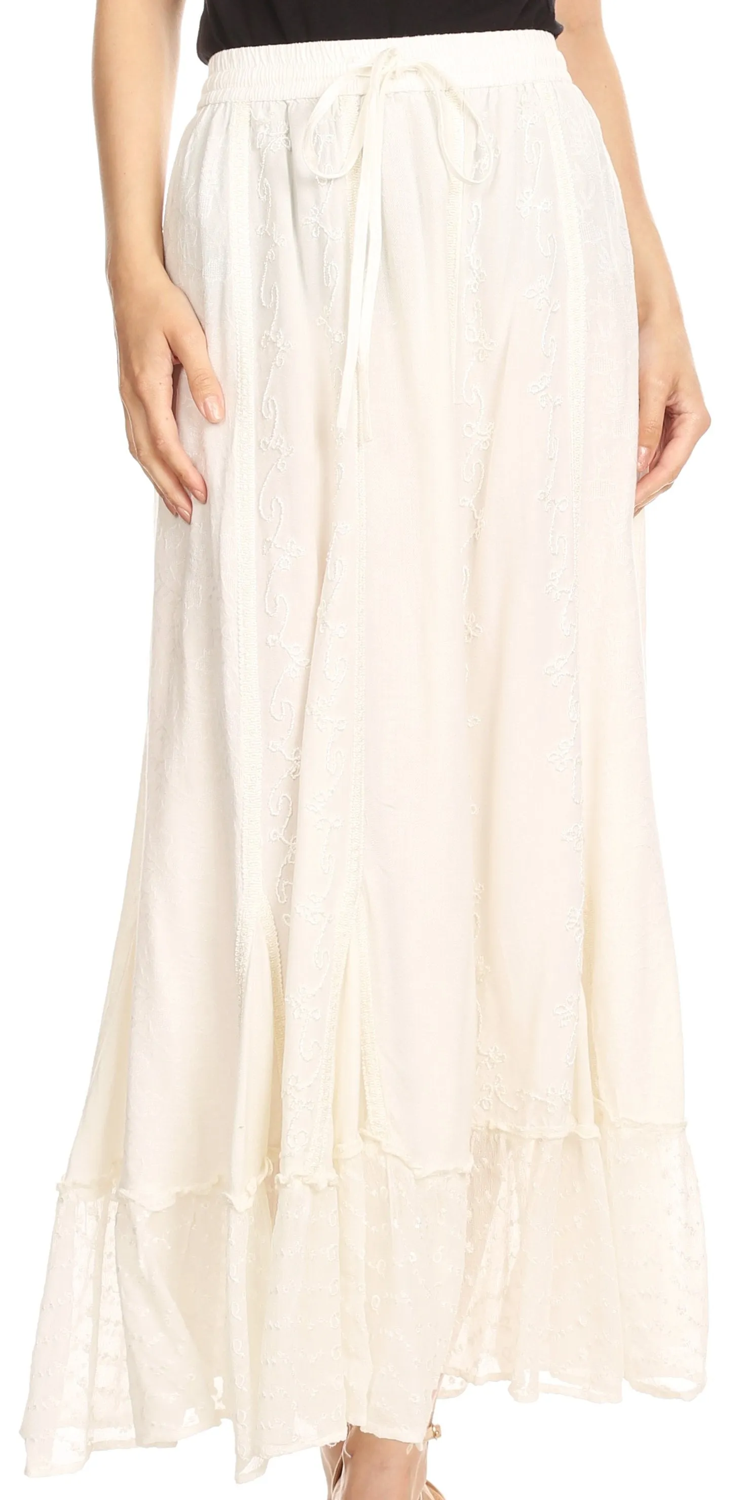 Sakkas Monica Womens Gypsy Bohemian Long Maxi Skirt with Elastic Waist and Lace