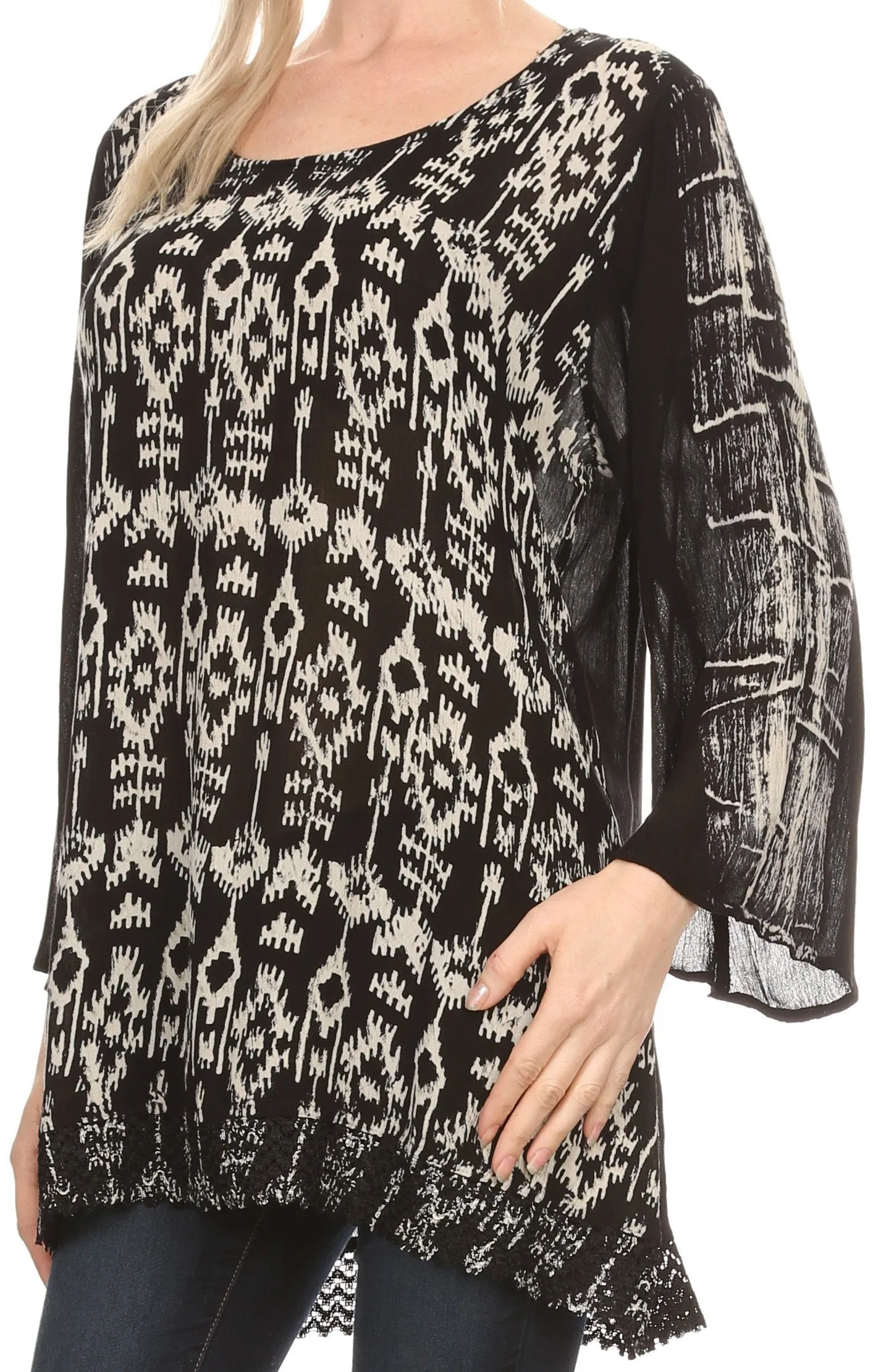 Sakkas Svetlana Scoop Neck Long Sleeve Aztec Print Crochet Hem Blouse Shirt Top