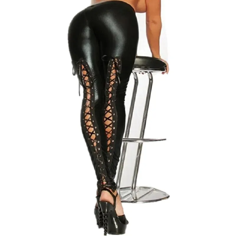 Sexy Club Lace Up Stretch Faux Leather Nightclub Black Punk Leggings