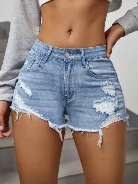 SHEIN EZwear Ripped Raw Trim Denim Shorts