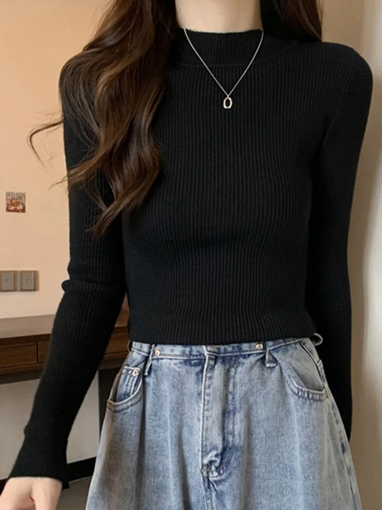 Simple Women Sweater Winter Stand Collar Fashion Pullover Elastic Knit Ladies Jumper Casual Solid Black Female Basic Tops