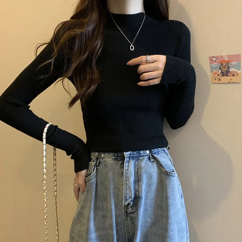 Simple Women Sweater Winter Stand Collar Fashion Pullover Elastic Knit Ladies Jumper Casual Solid Black Female Basic Tops