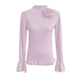 Slimming Knitting Sweaters For Women Mock Neck Flare Sleeve Patchwork Appliques Elegant Pullover Sweater Female