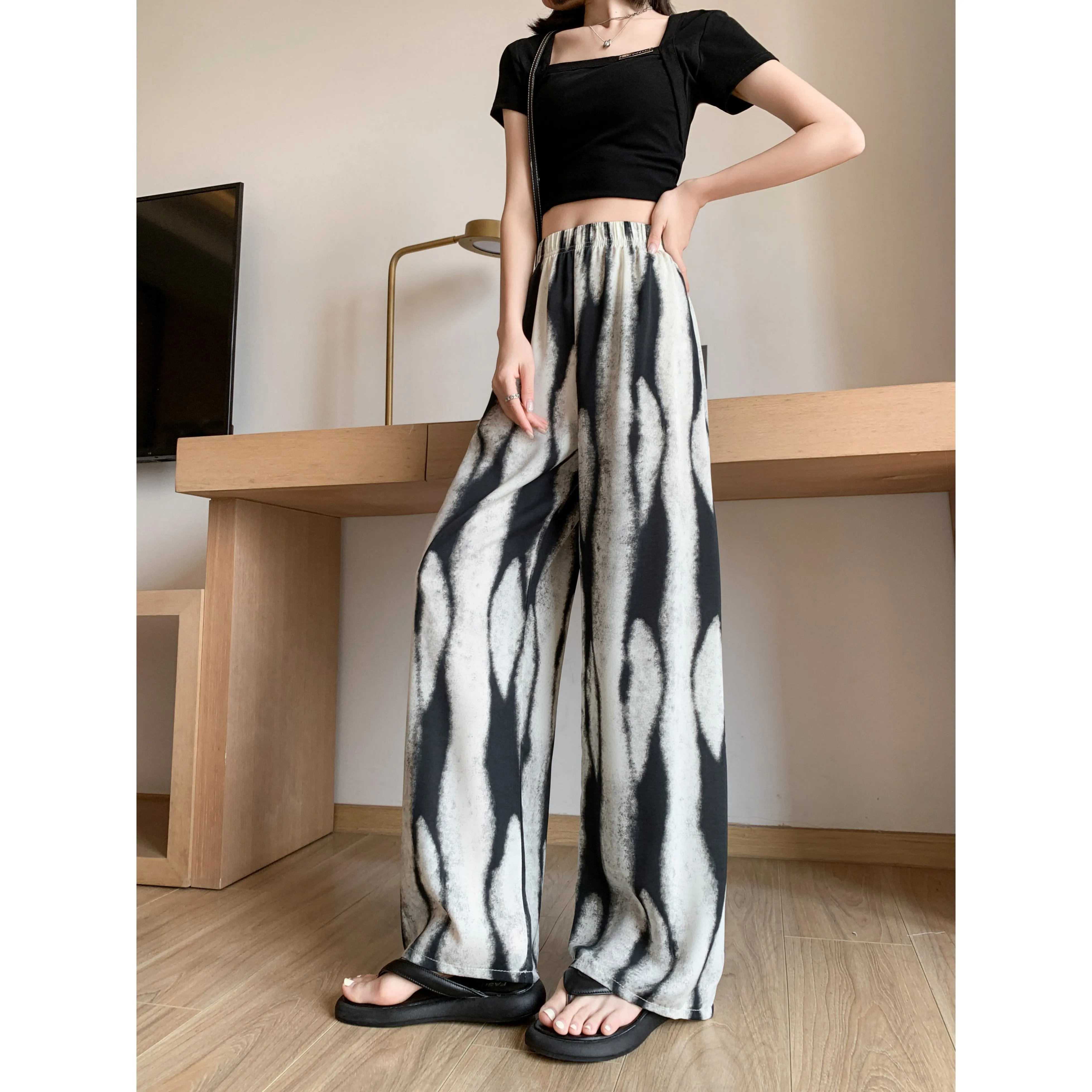 Slimming Print Casual Draping Thin High-Waisted Silky Floor-Length Pants