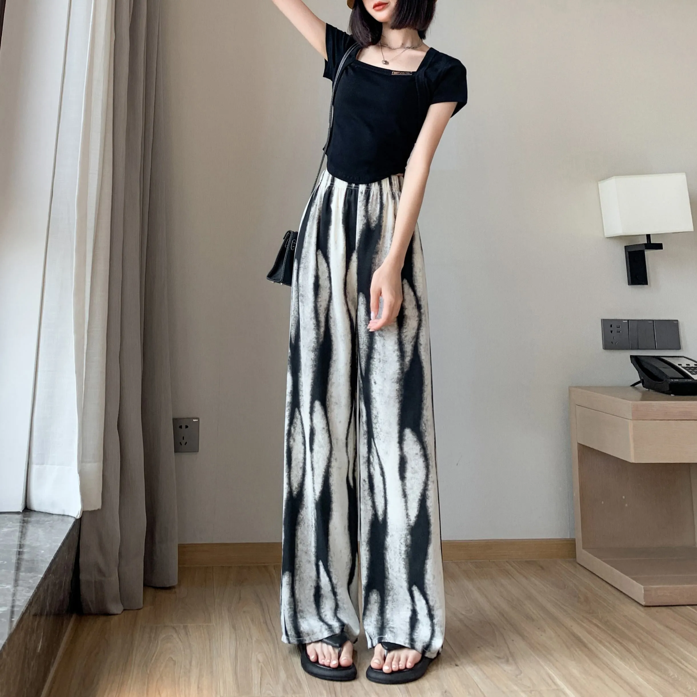 Slimming Print Casual Draping Thin High-Waisted Silky Floor-Length Pants