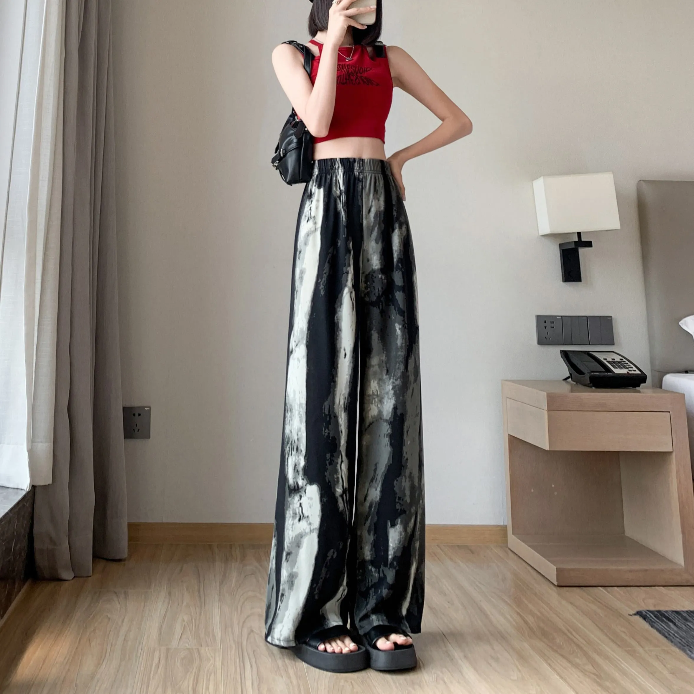 Slimming Print Casual Draping Thin High-Waisted Silky Floor-Length Pants