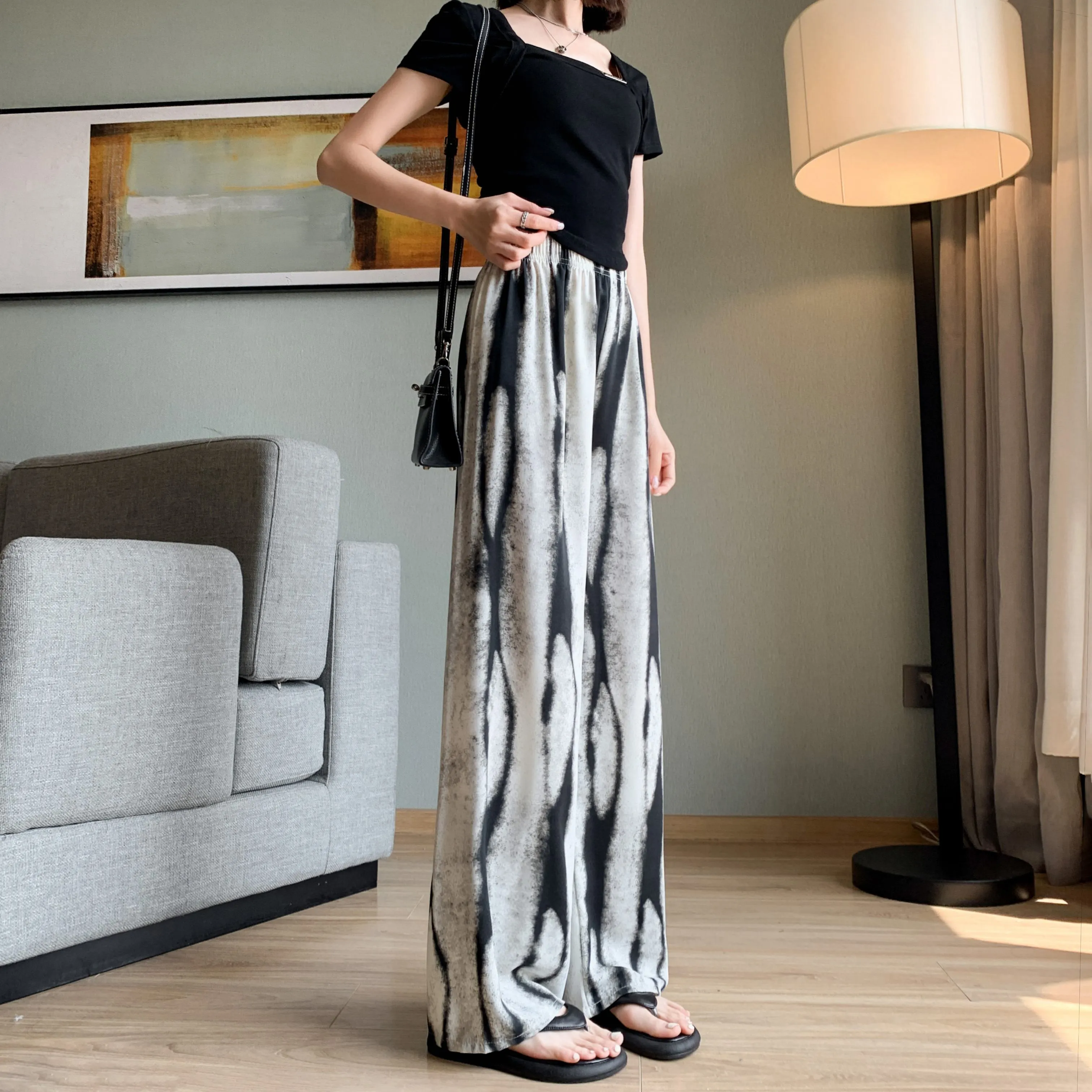 Slimming Print Casual Draping Thin High-Waisted Silky Floor-Length Pants