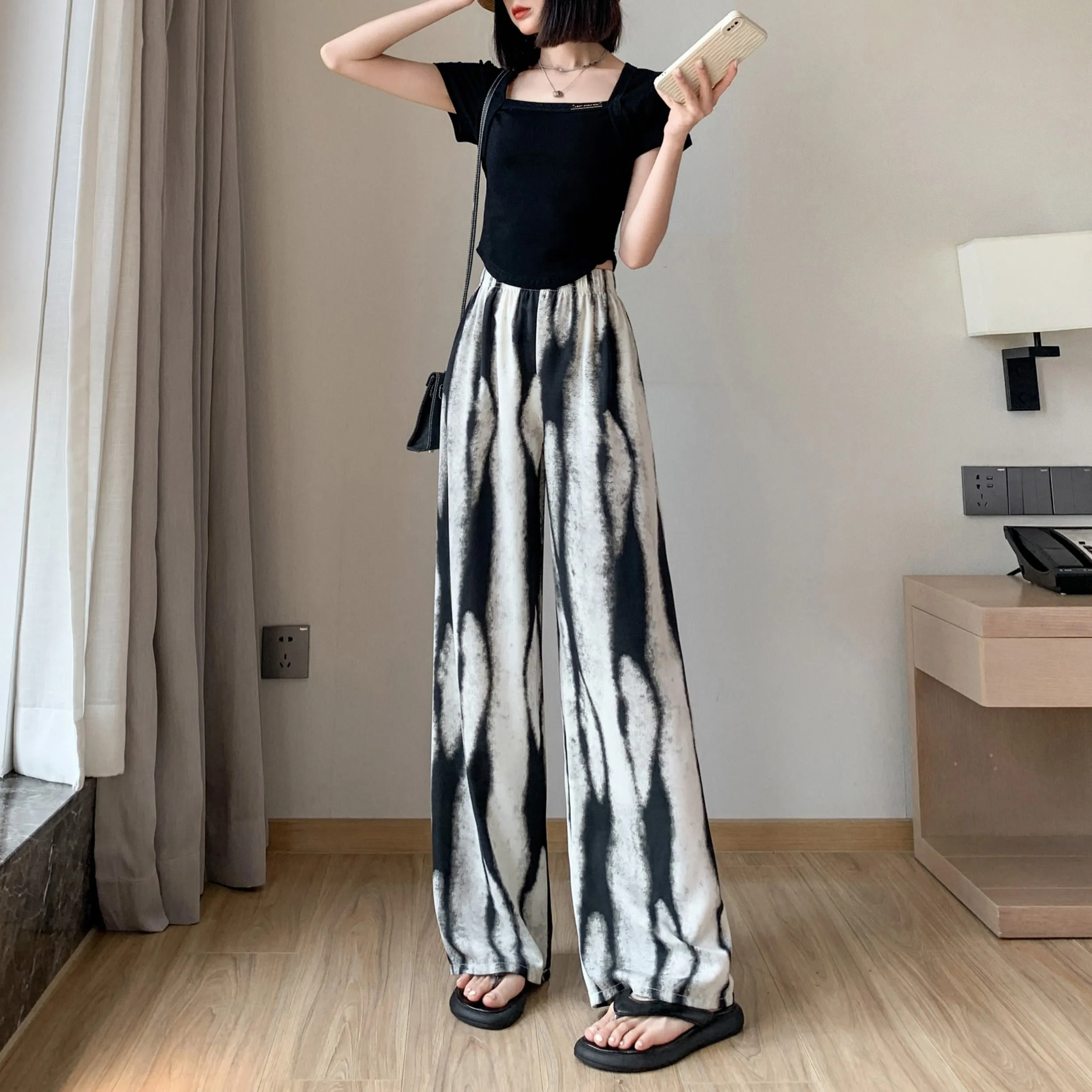 Slimming Print Casual Draping Thin High-Waisted Silky Floor-Length Pants