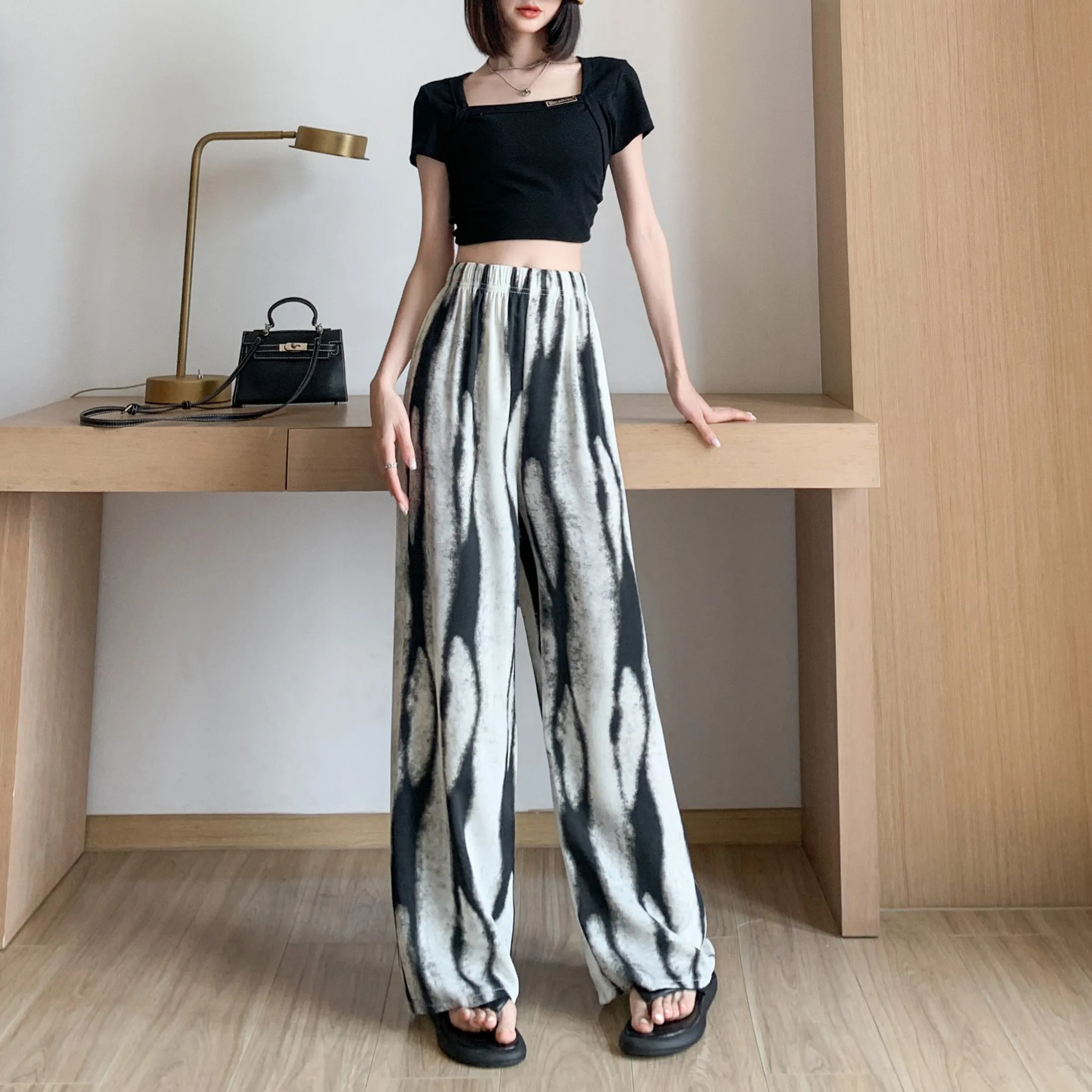 Slimming Print Casual Draping Thin High-Waisted Silky Floor-Length Pants