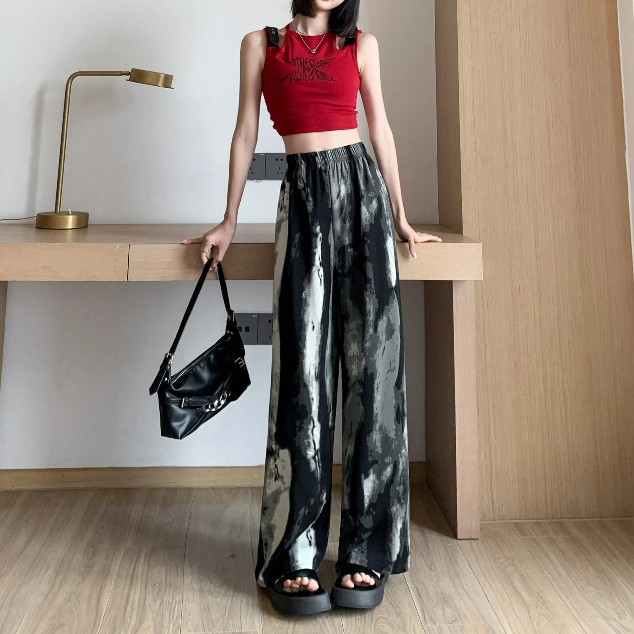 Slimming Print Casual Draping Thin High-Waisted Silky Floor-Length Pants