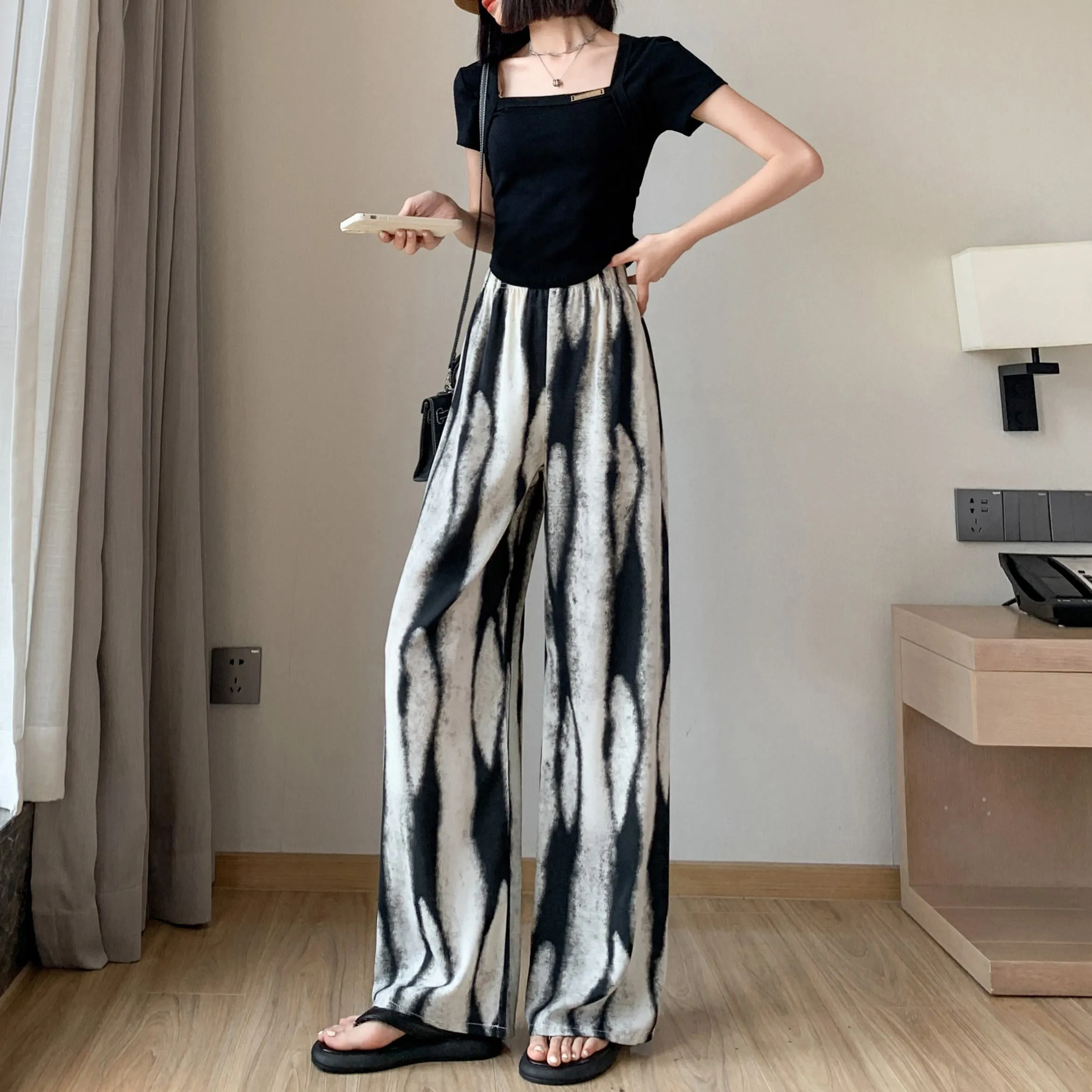 Slimming Print Casual Draping Thin High-Waisted Silky Floor-Length Pants