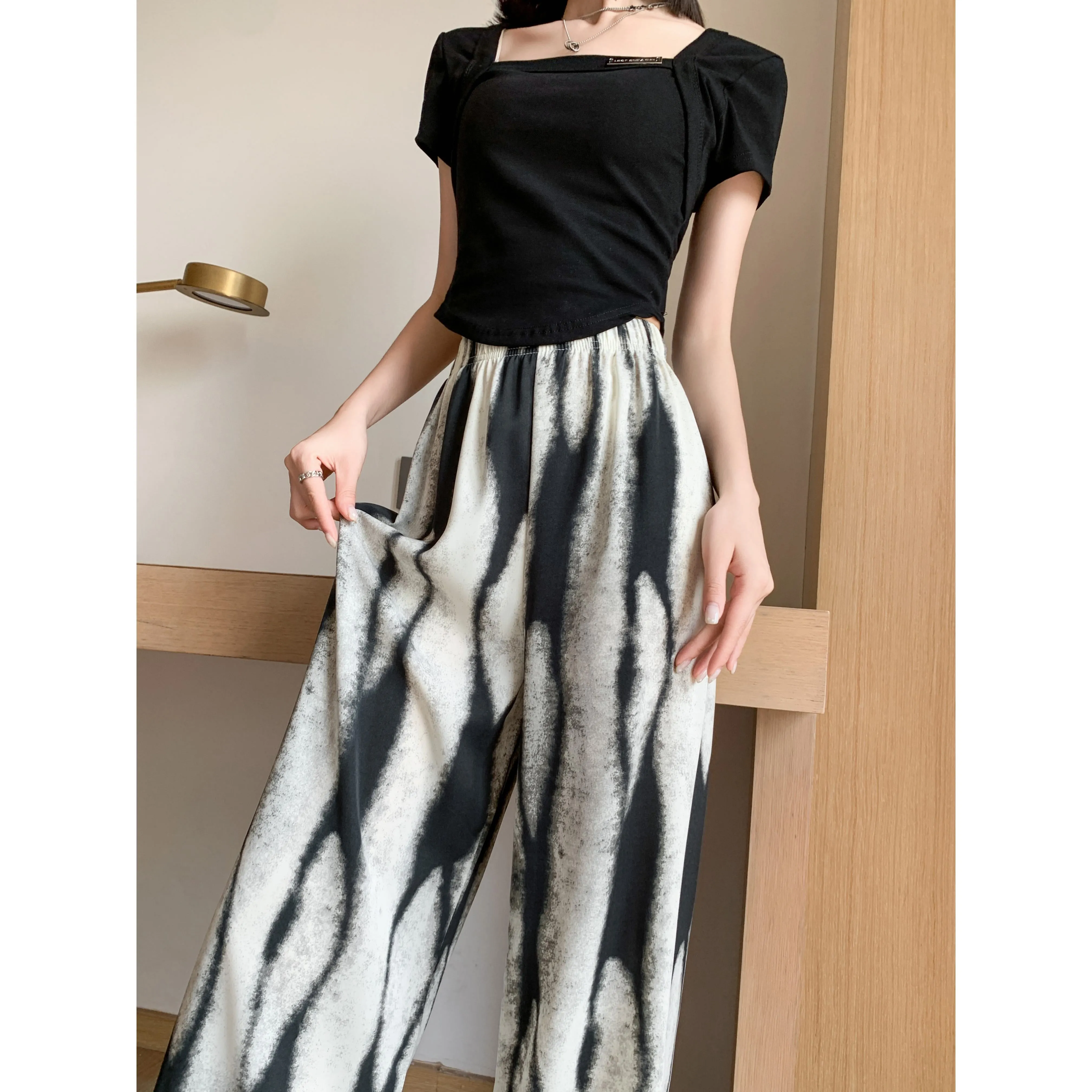 Slimming Print Casual Draping Thin High-Waisted Silky Floor-Length Pants