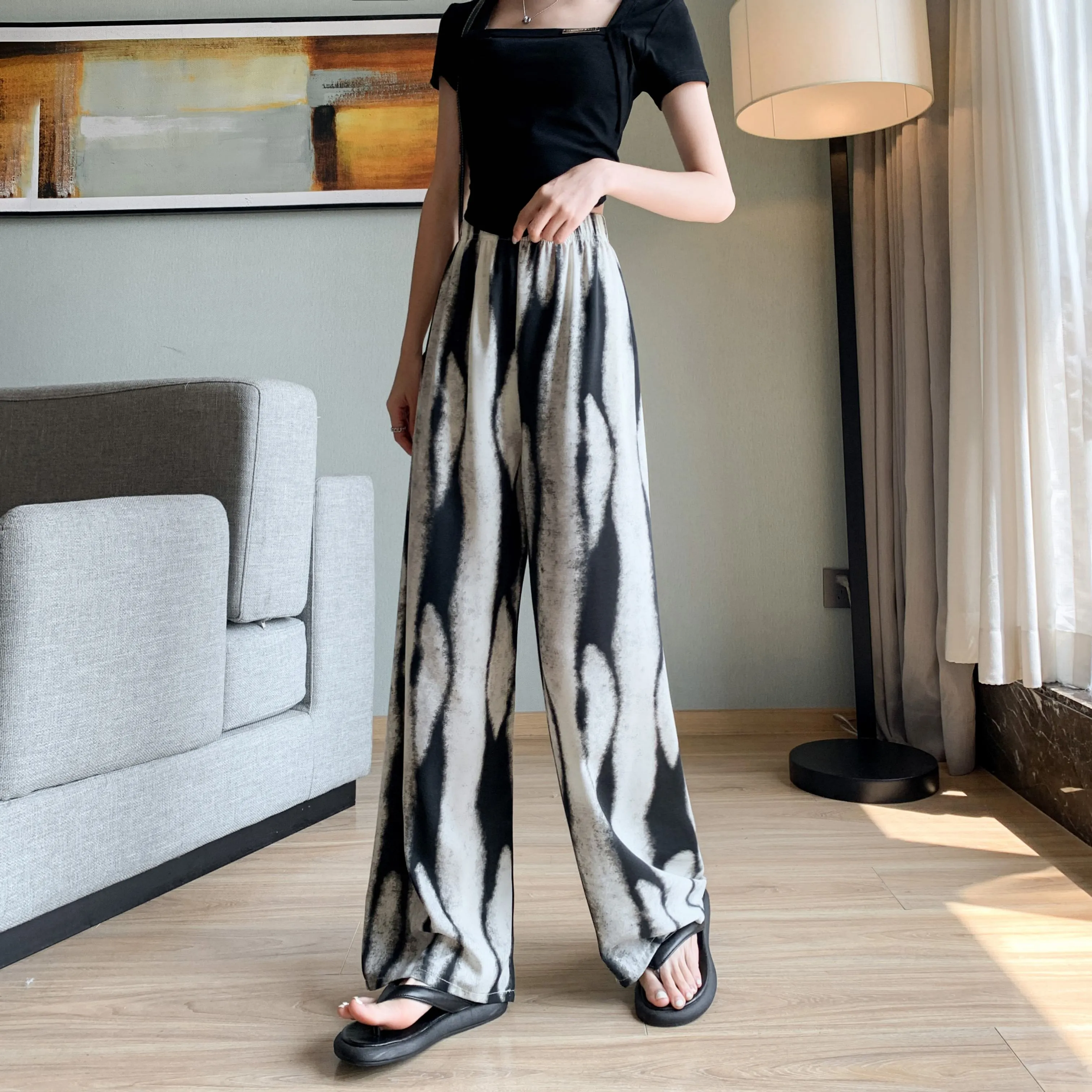 Slimming Print Casual Draping Thin High-Waisted Silky Floor-Length Pants