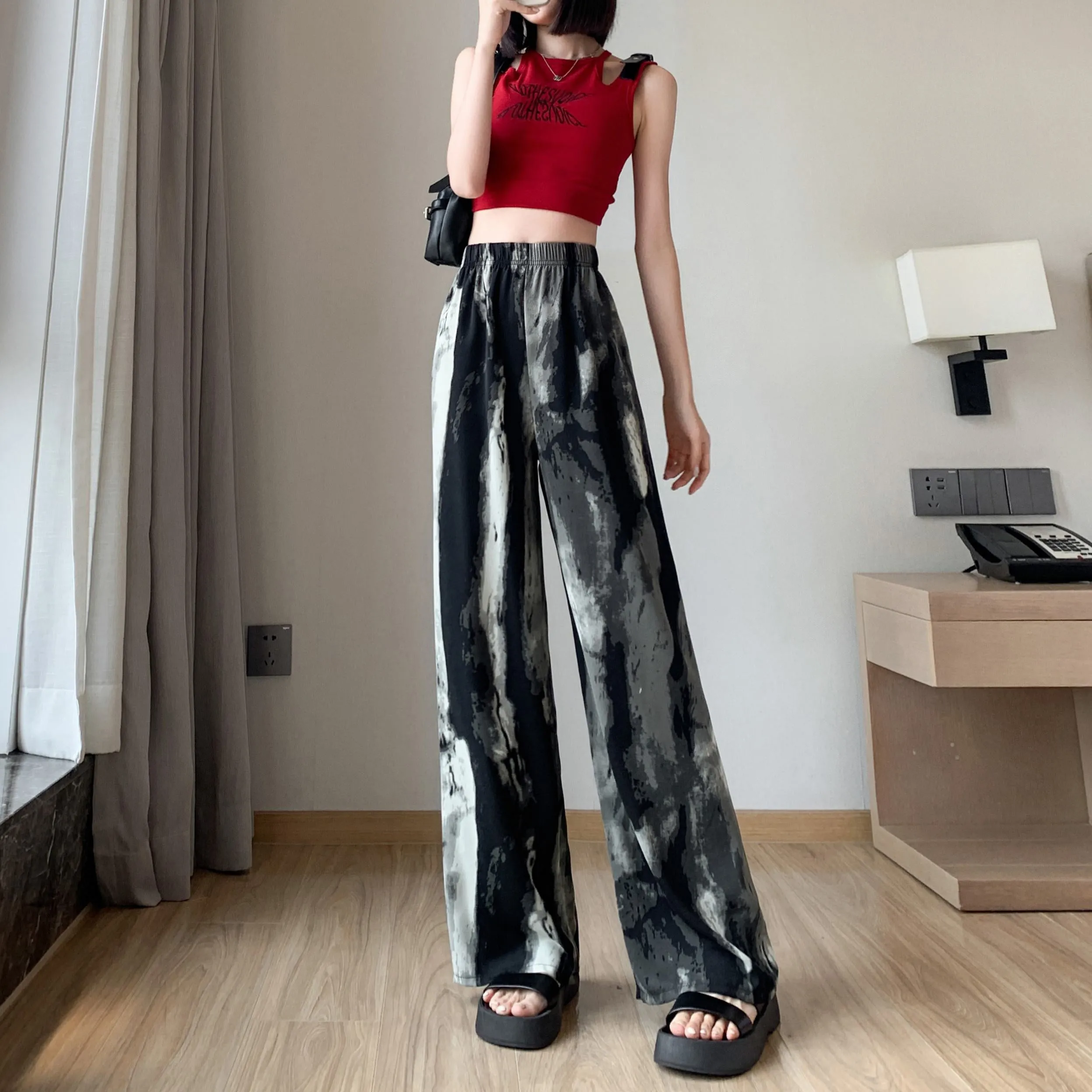 Slimming Print Casual Draping Thin High-Waisted Silky Floor-Length Pants