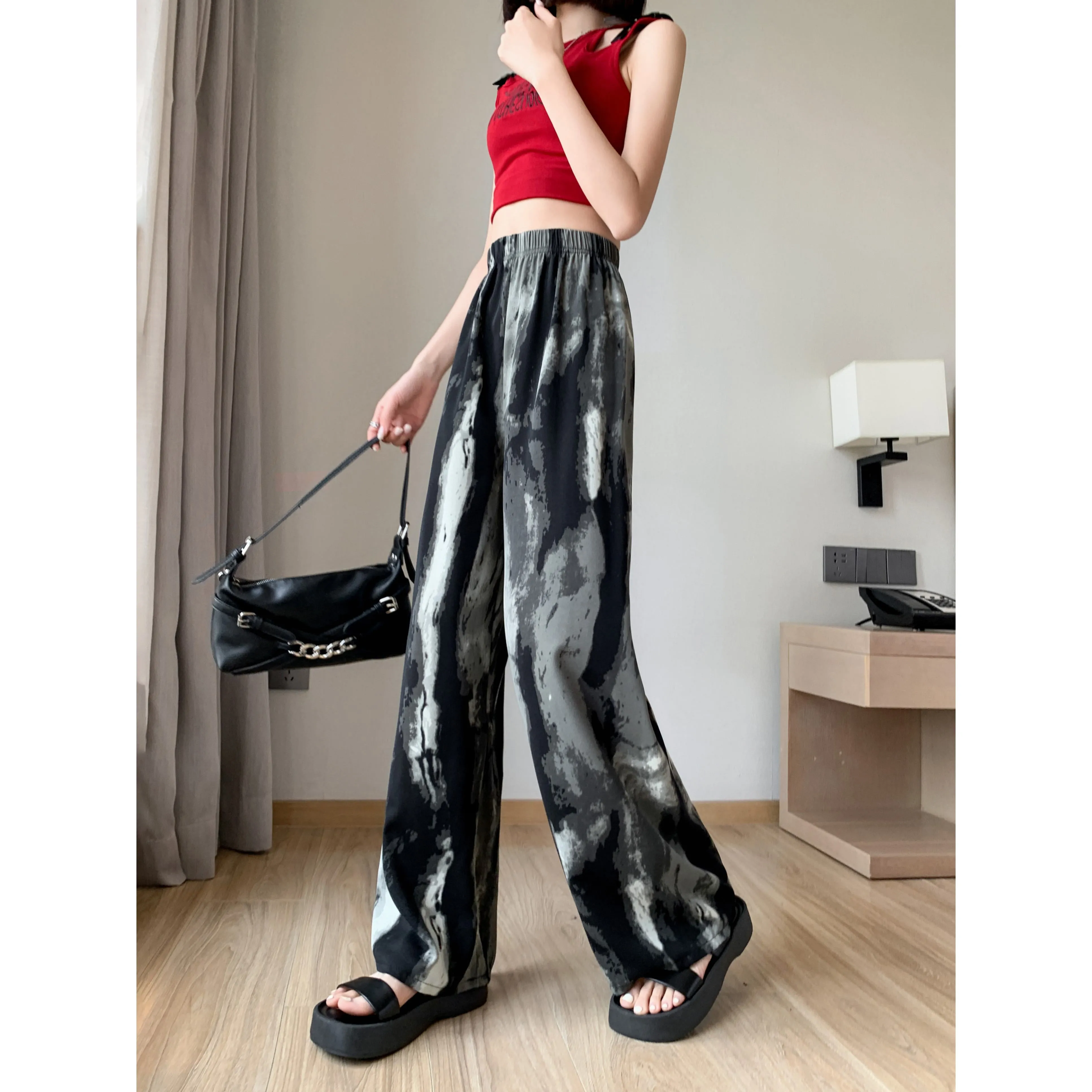 Slimming Print Casual Draping Thin High-Waisted Silky Floor-Length Pants