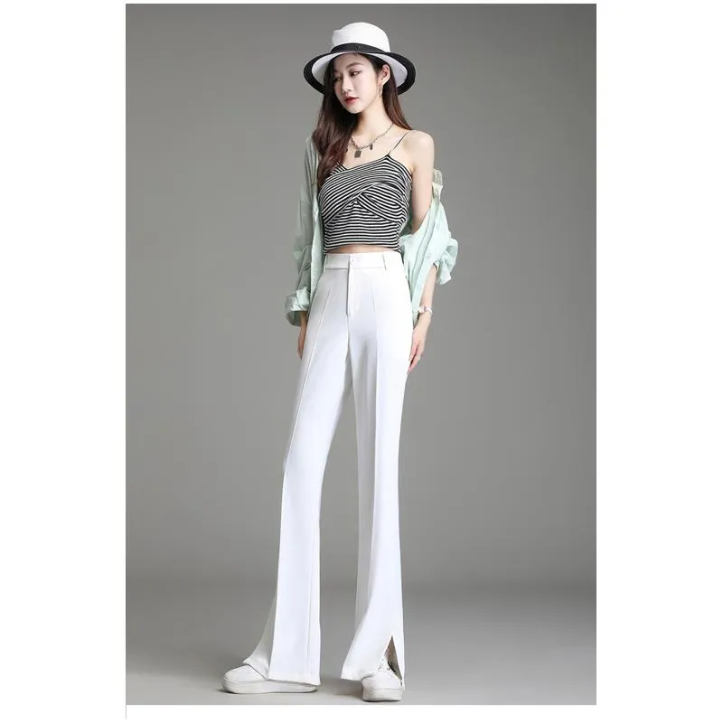 Slit Silky Split Floor-Length High-Waisted Plus Slim-Fit Pants