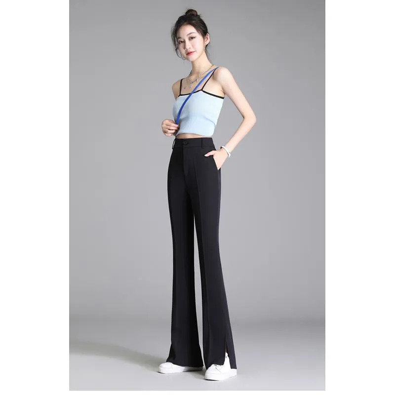 Slit Silky Split Floor-Length High-Waisted Plus Slim-Fit Pants