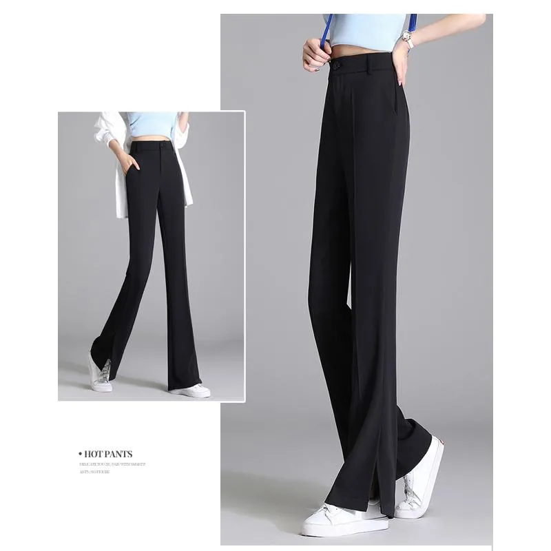 Slit Silky Split Floor-Length High-Waisted Plus Slim-Fit Pants