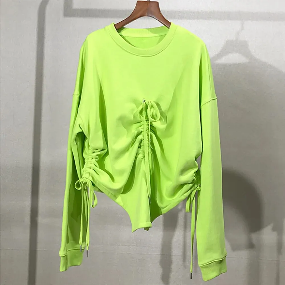 Solid Irregular Sweatshirts For Women Round Neck Long Sleeve Drawstring Design Sweatshirt Female Fashion