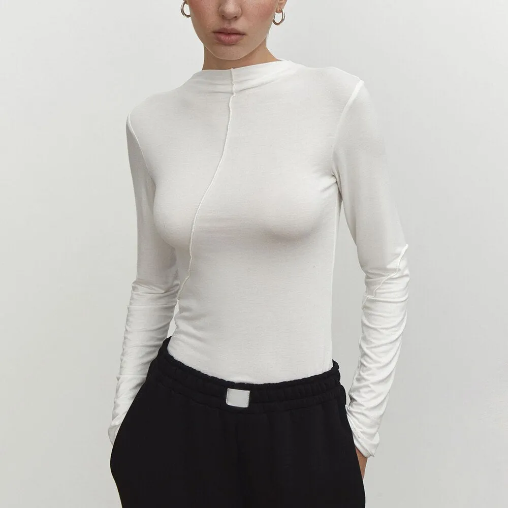 Solid Slimming T Shirts For Women Mock Neck Long Sleeves Minimalist Temperament T Shirt Female Fashion Clothes