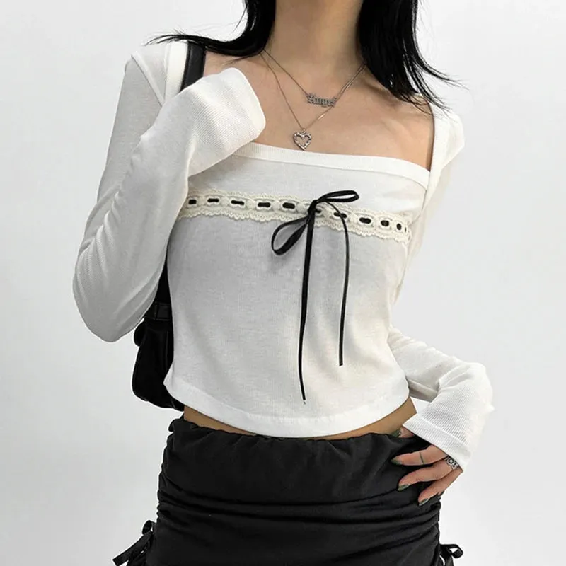 Square Neck Korean Cute Bow Autumn T-shirts for Women Lace Trim Slim Coquett Clothes Crop Top Kawaii Long Sleeve Tees