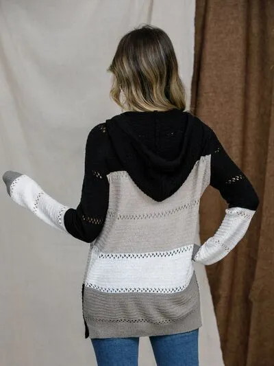 TEEK - Black Eyelet Color Block Hooded Sweater