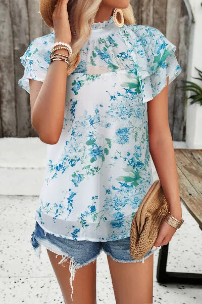 TEEK - Printed Ruffled Mock Neck Blouse