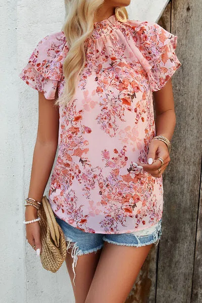 TEEK - Printed Ruffled Mock Neck Blouse