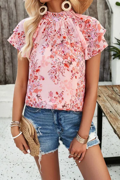 TEEK - Printed Ruffled Mock Neck Blouse