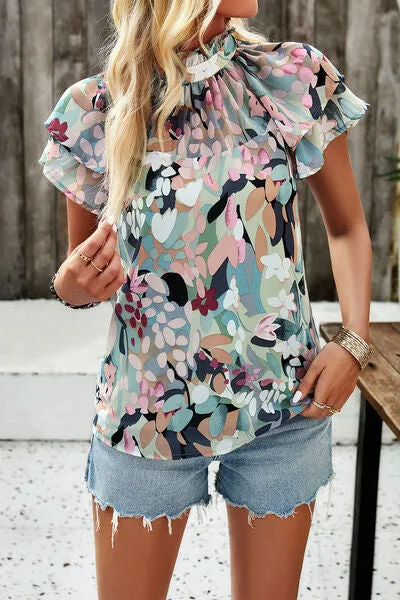 TEEK - Printed Ruffled Mock Neck Blouse