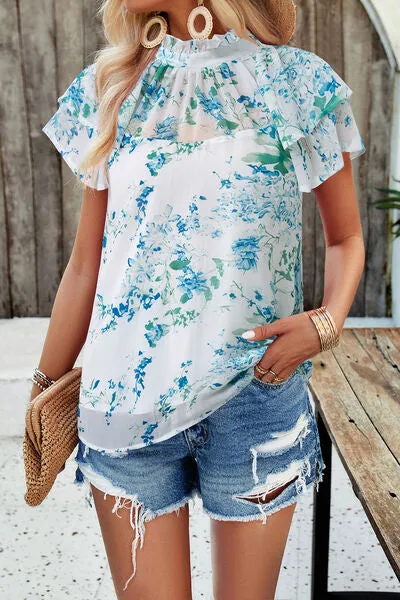 TEEK - Printed Ruffled Mock Neck Blouse