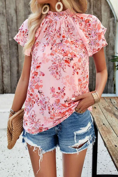 TEEK - Printed Ruffled Mock Neck Blouse