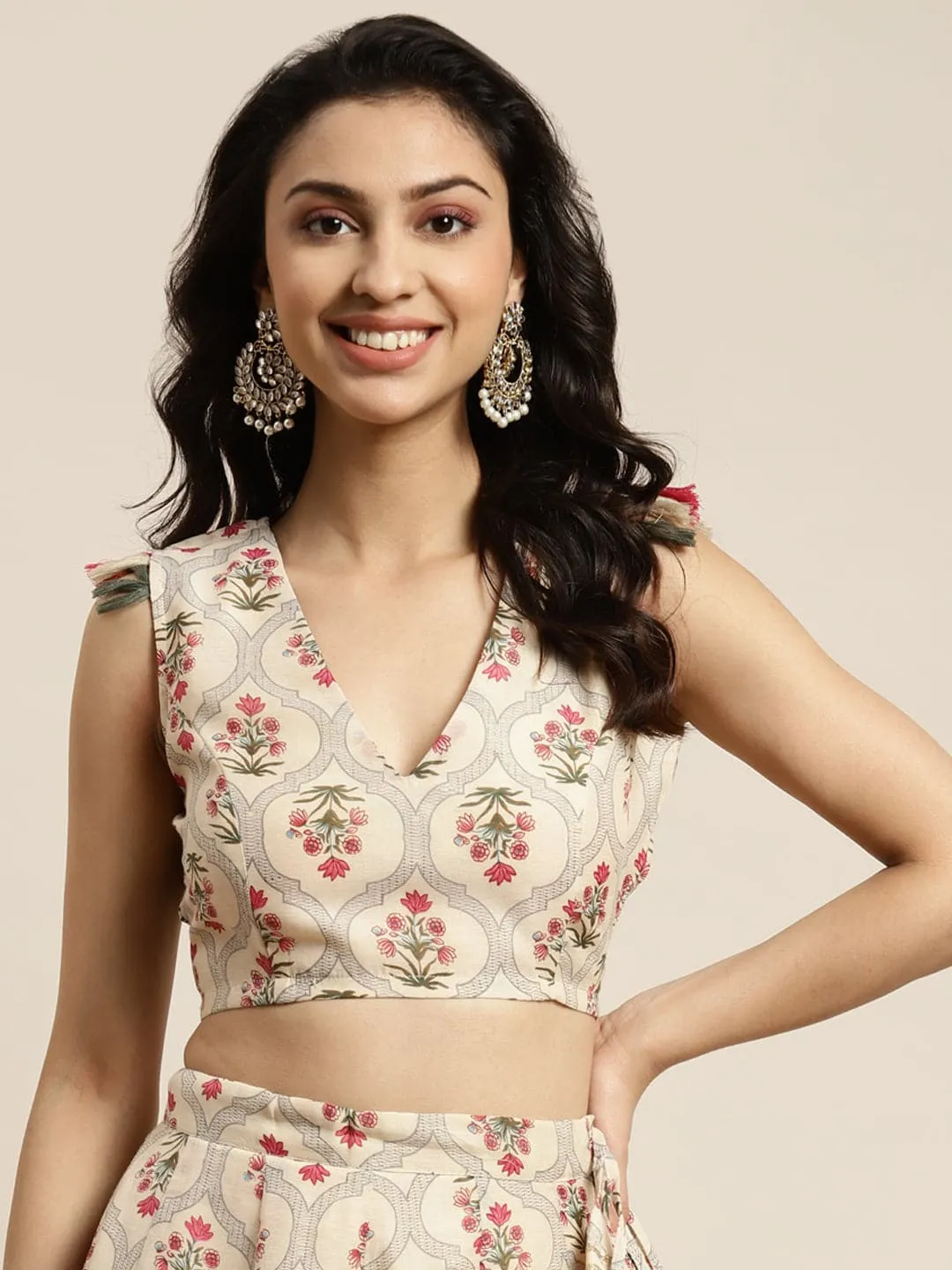 Women Beige Chanderi Mughal Floral Sleeveless Crop Top