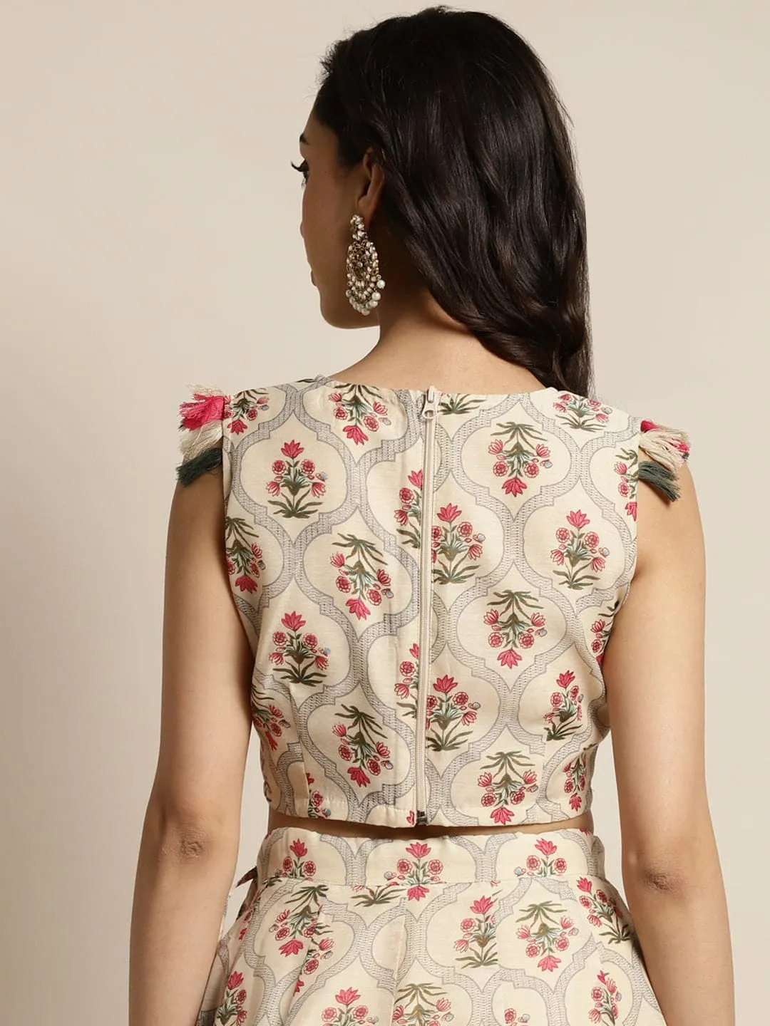 Women Beige Chanderi Mughal Floral Sleeveless Crop Top