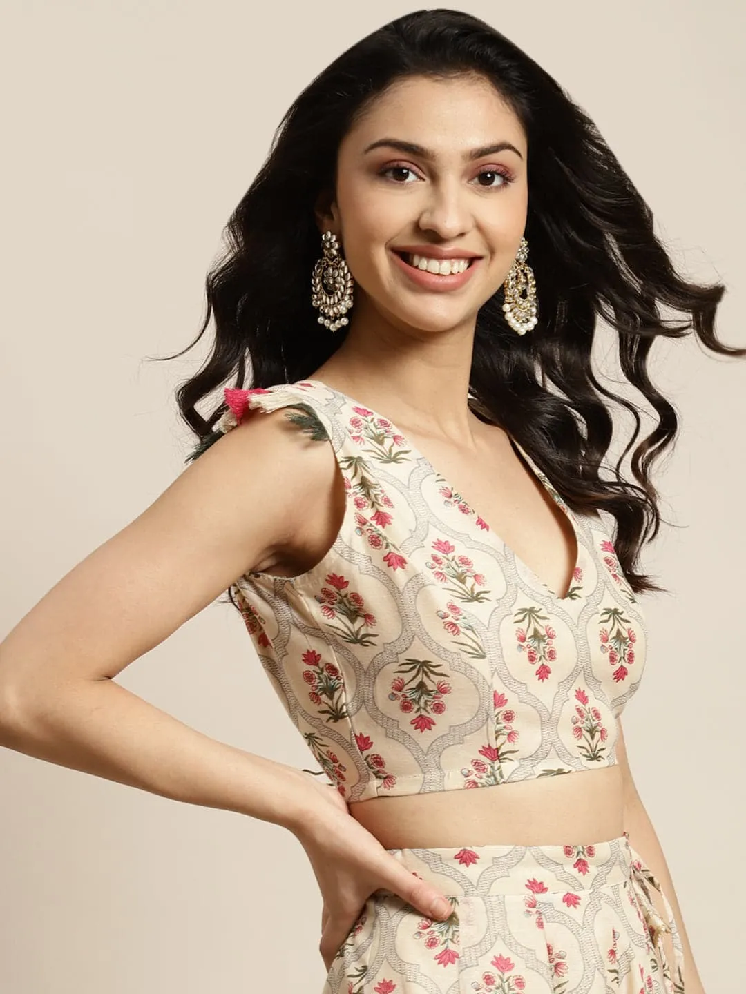 Women Beige Chanderi Mughal Floral Sleeveless Crop Top