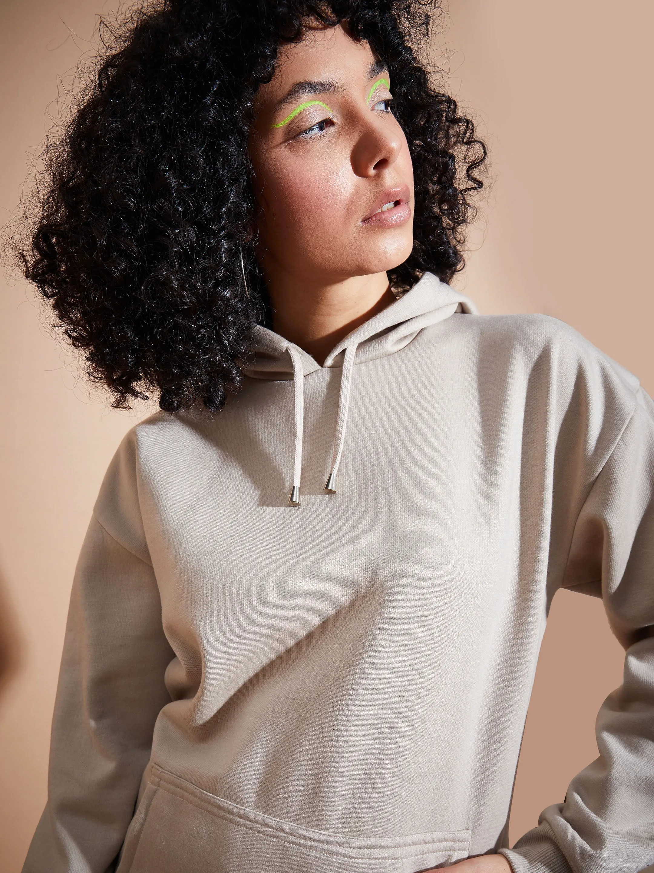 Women Beige Fleece Oversized Hoodie