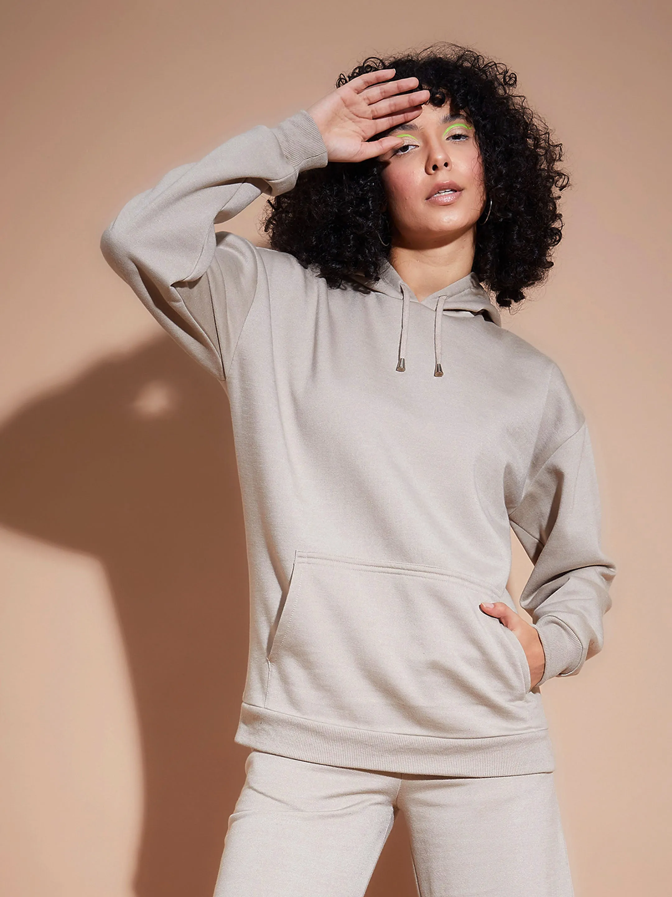 Women Beige Fleece Oversized Hoodie