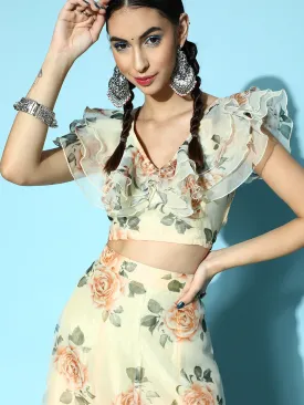 Women Beige Floral Frill Crop Top