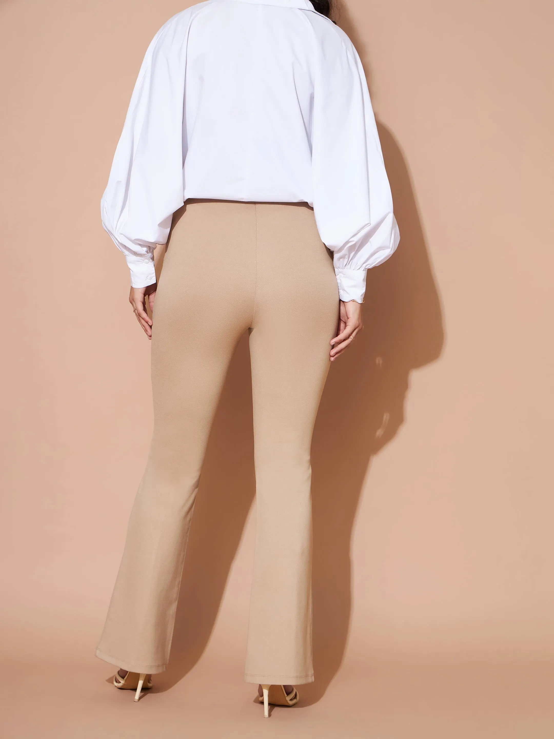 Women Beige High Waist Gold Show Buttons Pants