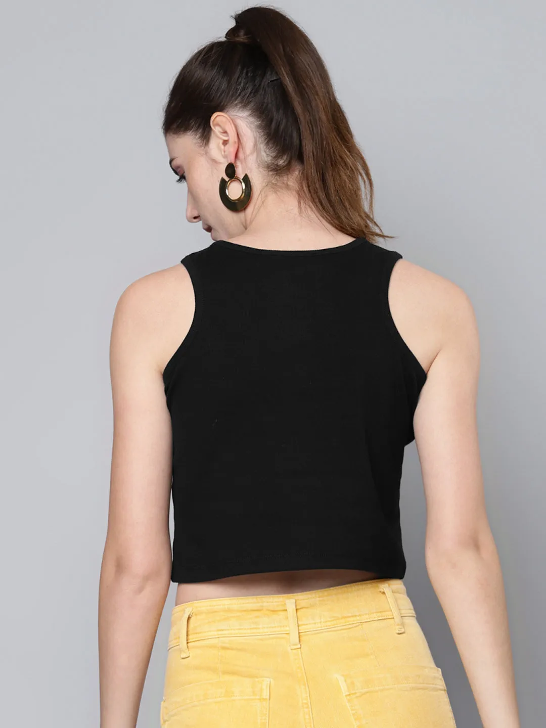 Women Black Box Back Rib Crop Top