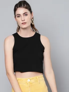 Women Black Box Back Rib Crop Top