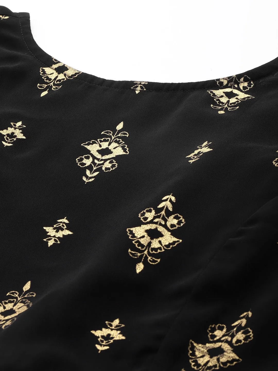 Women Black Foil Print Back Bow Tie Crop Top