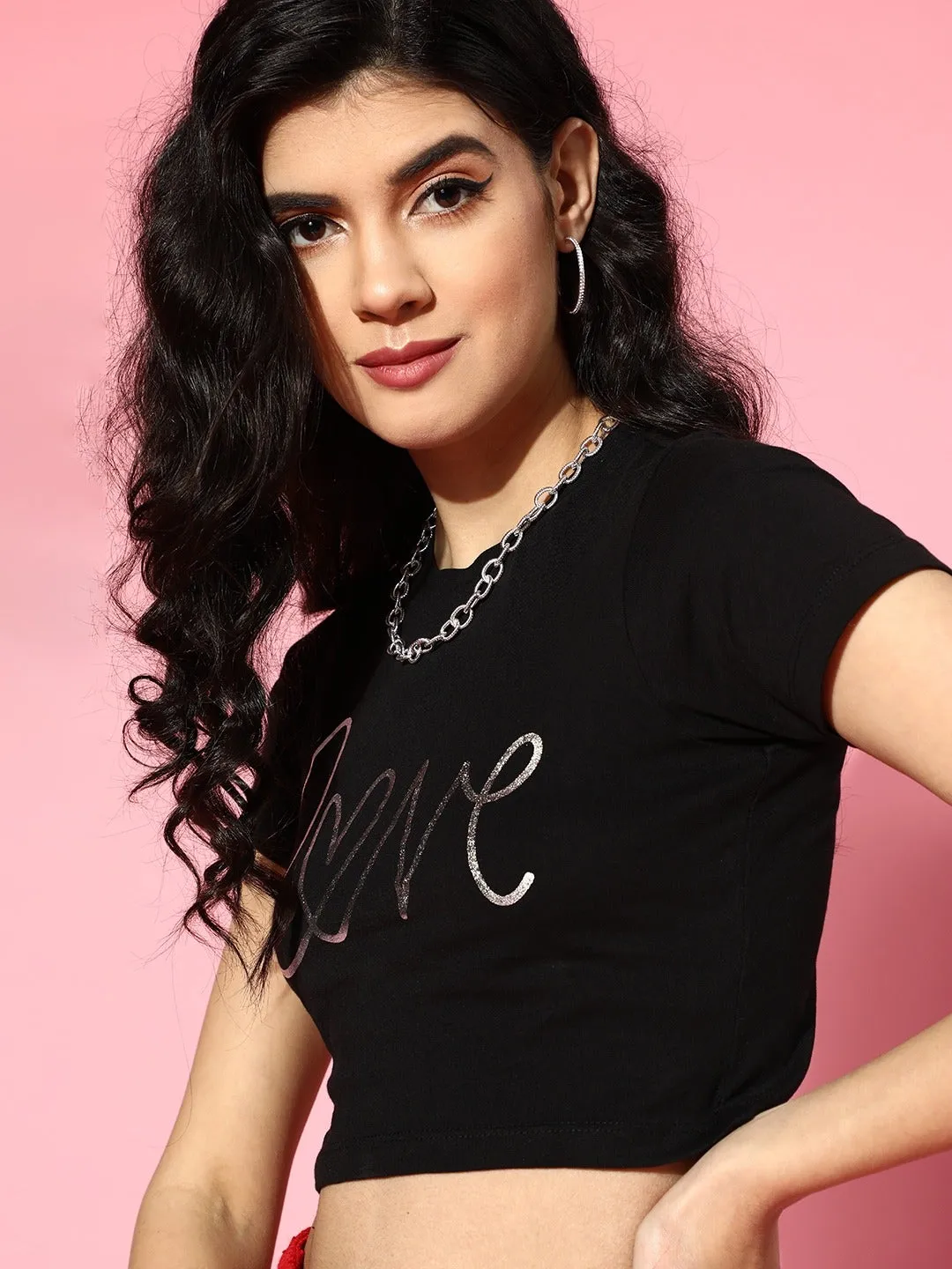 Women Black Love Foil Boxy Crop T-Shirt