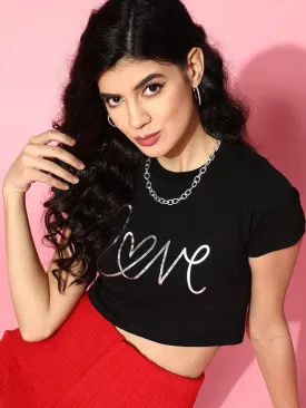 Women Black Love Foil Boxy Crop T-Shirt