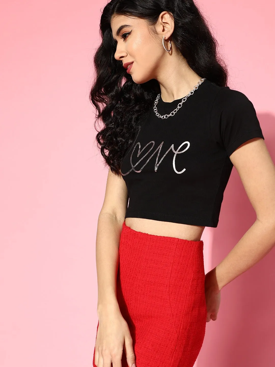 Women Black Love Foil Boxy Crop T-Shirt