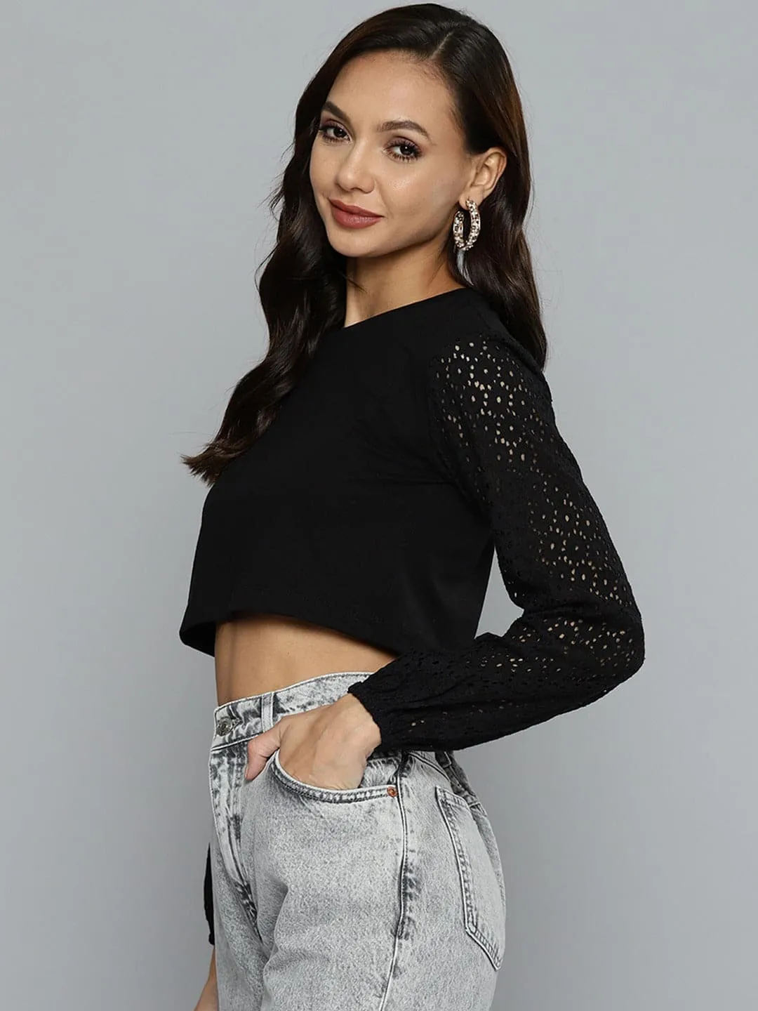 Women Black Schiffli Round Neck Crop Top