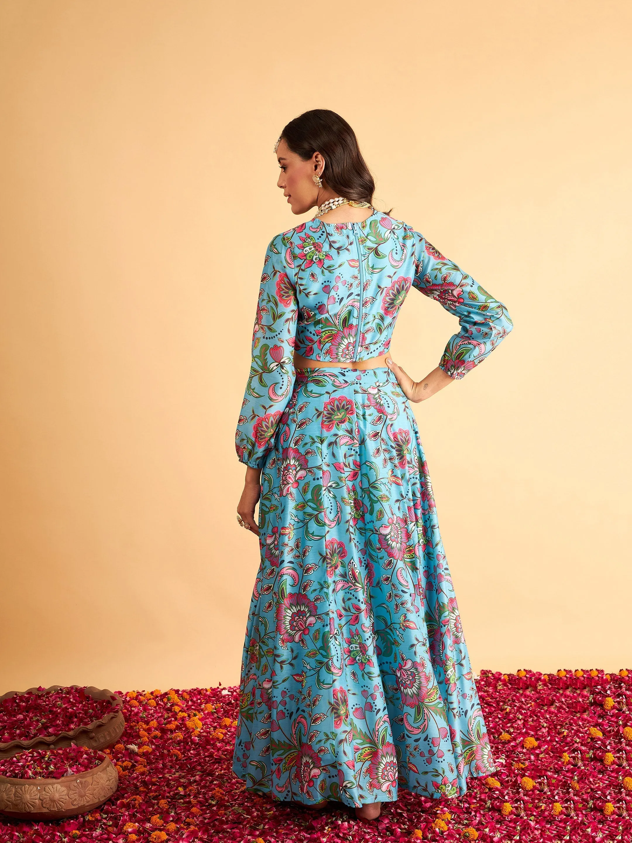 Women Blue Floral Anarkali Side Tussle Skirt With Crop Top