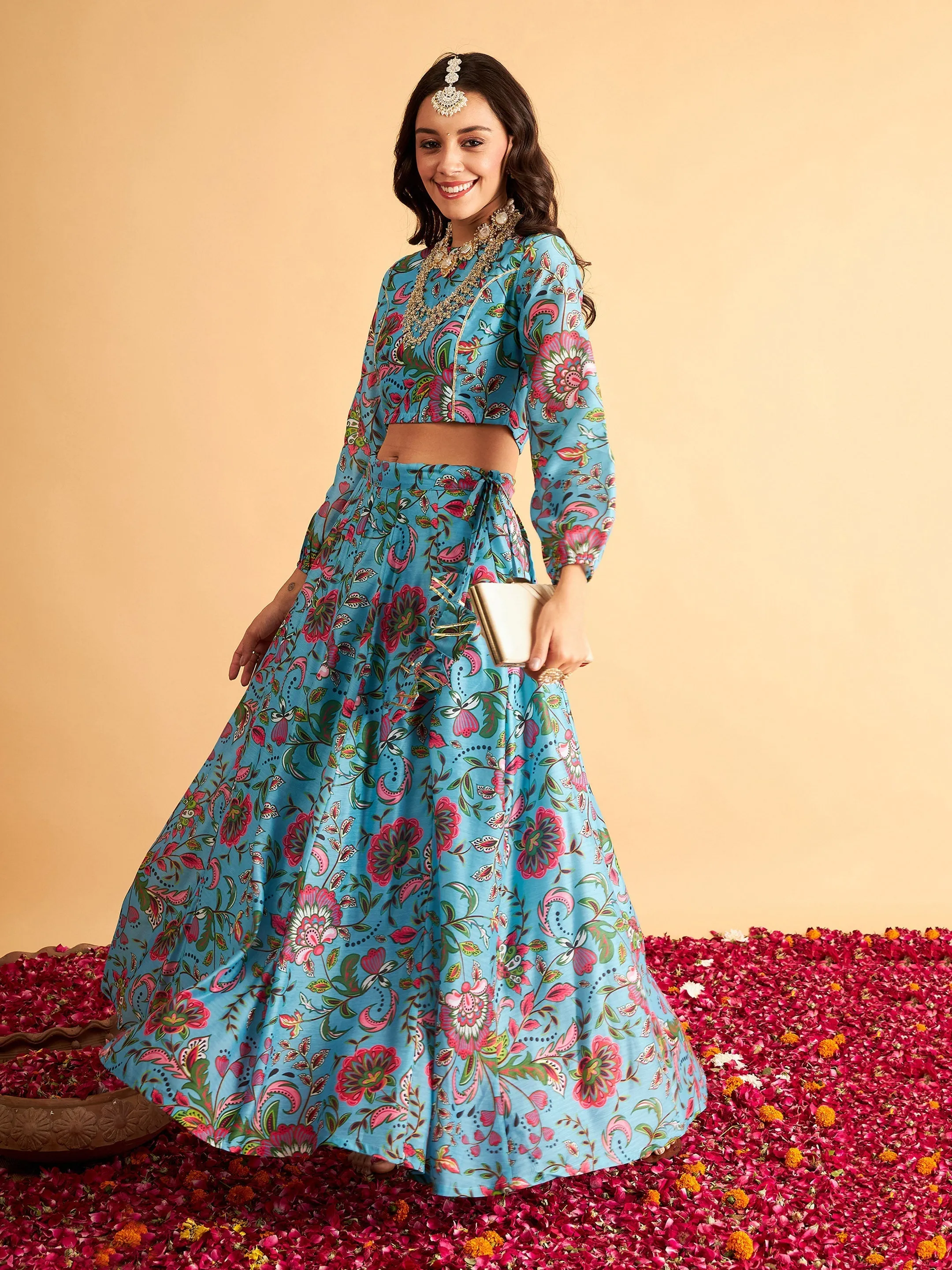 Women Blue Floral Anarkali Side Tussle Skirt With Crop Top