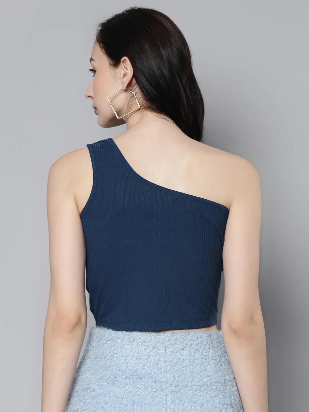 Women Blue Rib One Shoulder Crop Top